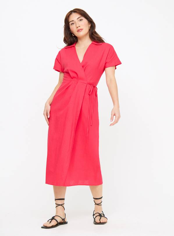 Pink Linen Blend Wrap Short Sleeve Midi Dress 22