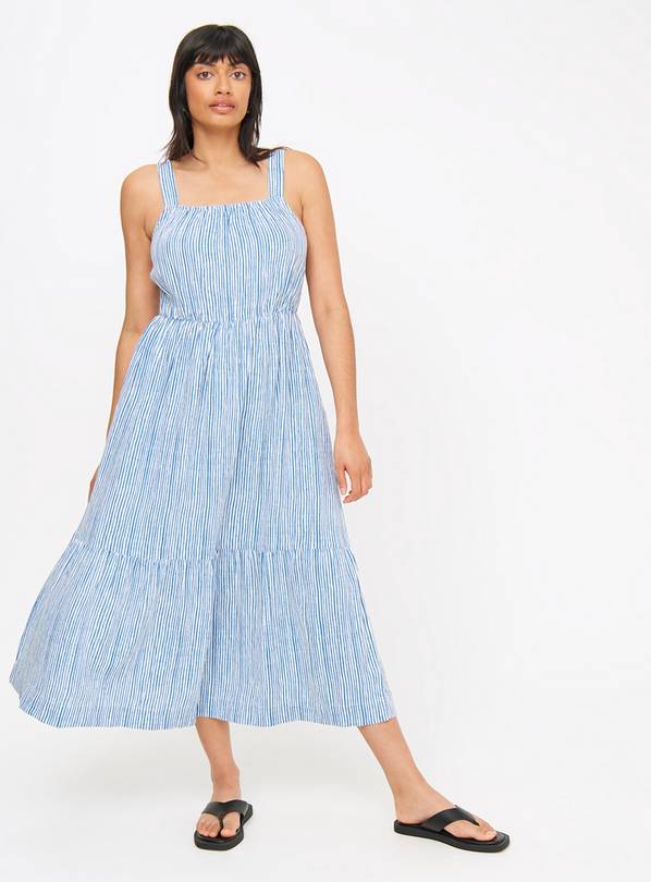Blue Stripe Linen Blend Tiered Midaxi Dress 10