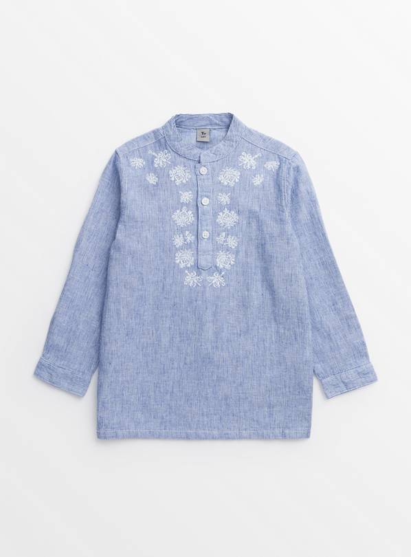 Blue Embroidered Linen Blend Short Kurta 8 years