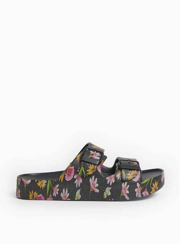 Pink Floral Print Double Strap Sliders 8