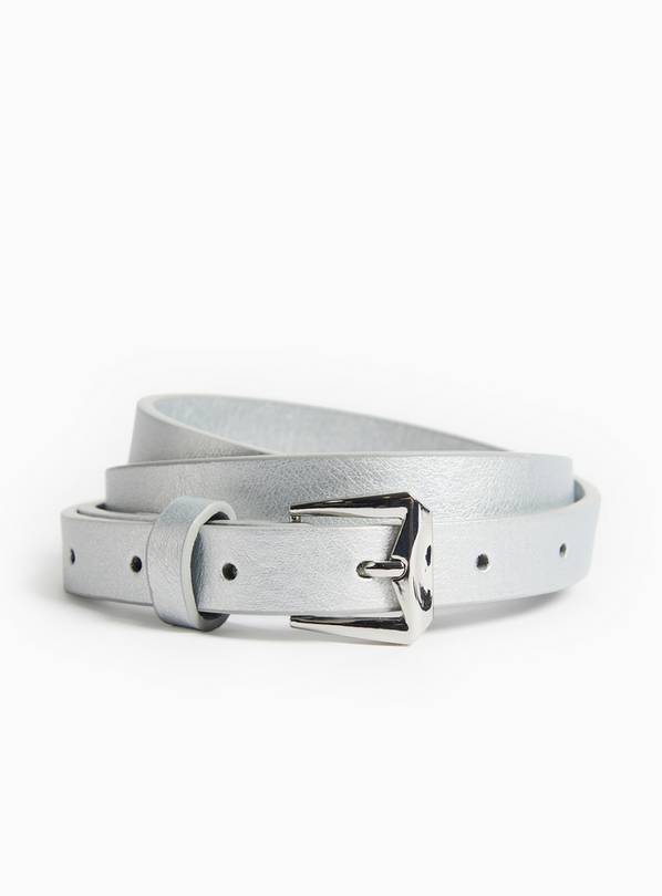Silver Faux Leather Skinny Belt M
