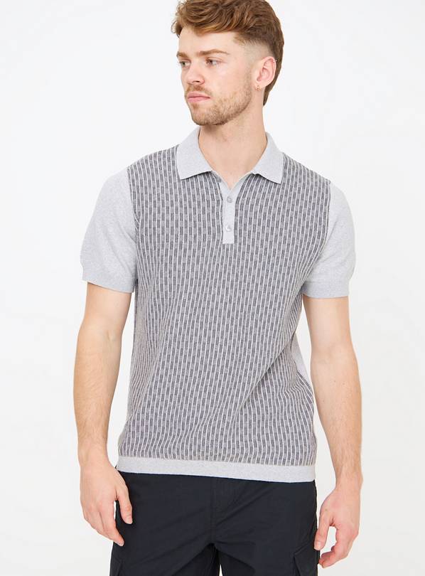Charcoal Tonal Grid Short Sleeve Polo Shirt L