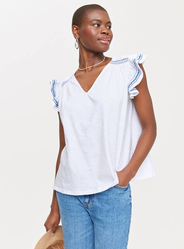 White Embroidered Frill Sleeve Top 20