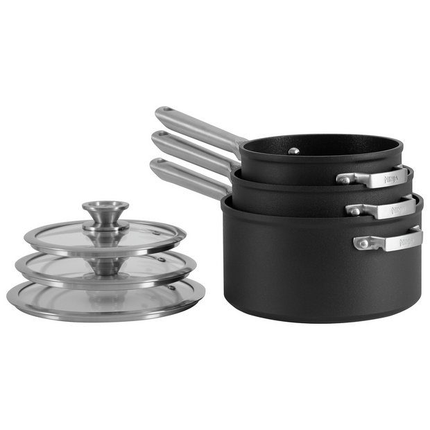 Ninja Foodi ZEROSTICK Stainless Steel 3-Piece Pan Set [C63000UK] Saucepan  Set, Non-Stick, Induction Compatible, Dishwasher Safe