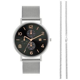 Spirit Men's Mesh Silver Stainless Steel Watch And Chain Set