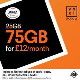 VOXI 75GB 30 Day Pay As You Go SIM Card