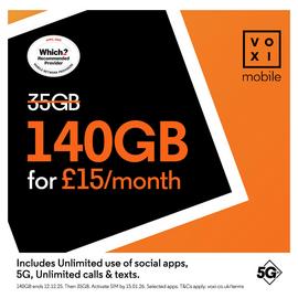 VOXI 140GB 30 Day Pay As You Go SIM Card