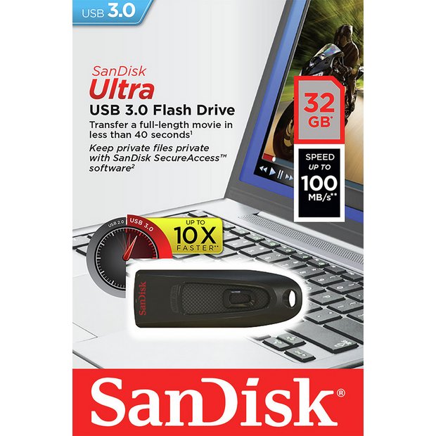 gentage Meyella nok Buy SanDisk Ultra 100 MB/s USB 3.0 Flash Drive - 32GB | USB storage | Argos
