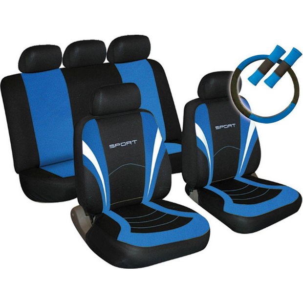 Buy Sport Seat Cover, Steering Wheel and Seat Belt Pads Blue Car