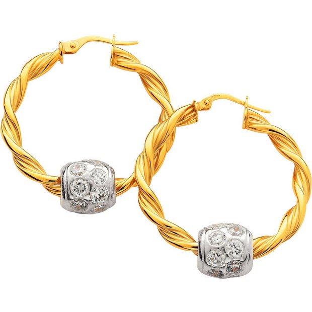 Buy 9ct Gold Twisted Hoop Silver CZ Glitterball Creole Earrings at