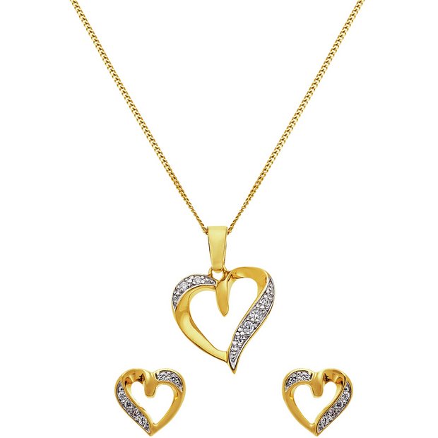 Buy 9ct Gold Plated Silver CZ Heart Pendant and Earrings Set at Argos