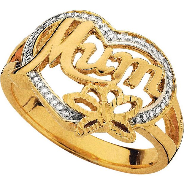 Buy 9ct Gold Plated Sterling Silver 'Mum' Heart Butterfly Ring at Argos