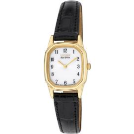 Citizen Ladies' Gold Tone Black Strap Eco-Drive Watch. Best Price and Cheapest