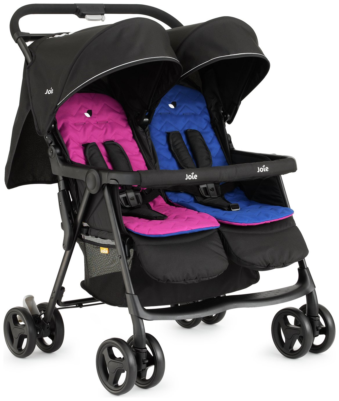 pink and blue double pushchair