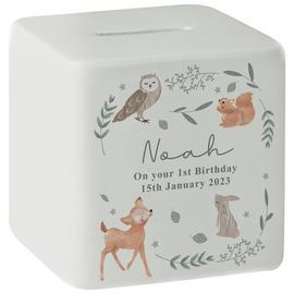 Personalised Message Woodland Animal Print Ceramic Money Box