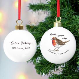 Personalised Message Robins Appear Christmas Bauble - White
