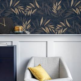 Arthouse Luxury Leaf Navy Champagne Wallpaper