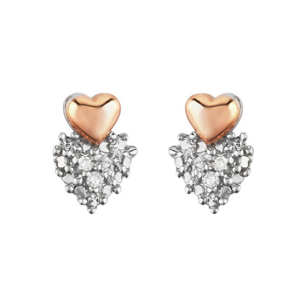Buy Sterling Silver 9ct Rose Gold Plated Diamond Heart Studs Ladies