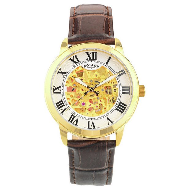 Rotary men's black outlet leather strap skeleton watch