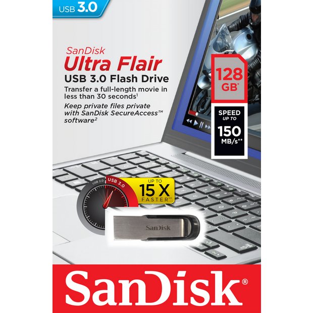 SanDisk Ultra Flair 150MB/s USB 3.0 Drive - 128GB USB storage | Argos