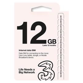 Three 12GB Pay As You Go Data SIM Card