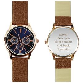 Personalised Message Men's Brown Strap Rose Gold Watch
