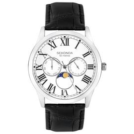 Sekonda Men's Moon Phase Dial Black Leather Strap Watch
