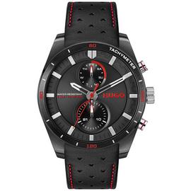 HUGO Men's Black Leather Strap Multifunction Watch