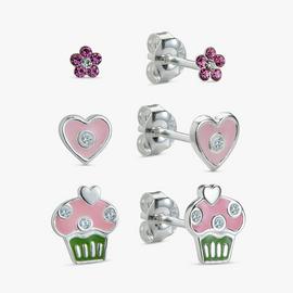 Revere Enamel Flower, Heart and Cupcake Stud Earrings Set