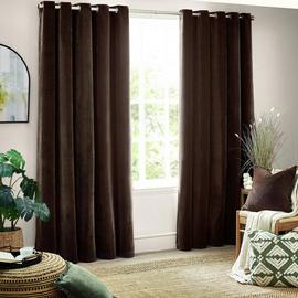Yard Chenille Plain Fully Lined Eyelet Curtains - Brown