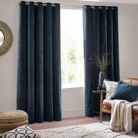 Yard Chenille Plain Fully Lined Eyelet Curtains - Navy