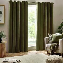Yard Chenille Plain Fully Lined Eyelet Curtains - Olive