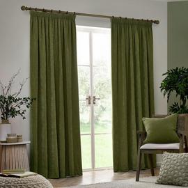 Yard Chenille Plain Fully Lined Pencil Pleat Curtain - Olive