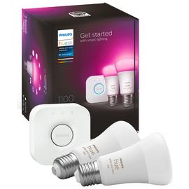 Philips Hue E27 11W Smart LED Bulb - Twin Pack and Bridge