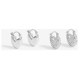 Lipsy Silver Crystal Puffed Heart Huggie Hoop Earrings Set
