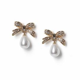 Freedom Gold Rhinestone Bow and Pearl Drop Earrings