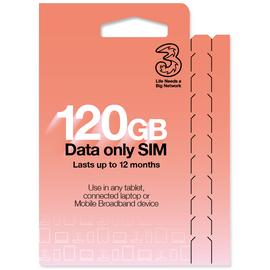 Three 120GB Pay As You Go Data SIM Card