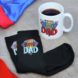 Personalised Message Super Dad Mug and Socks Set