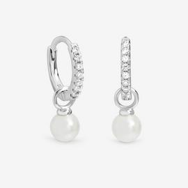 Simply Silver Cubic Zirconia Pave Pearl Hoop Earrings