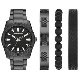Skechers Mens Black-Tone Watch with Knurling Bracelet Set