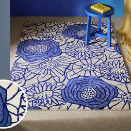 Habitat Scandi Floral Blue Wool Cut Pile Rug