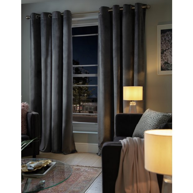 Crushed Velvet Lined Eyelet Curtains Charcoal – Ideal