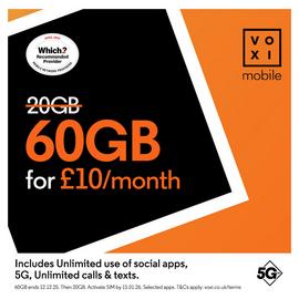 VOXI 60GB 30 Day Pay As You Go SIM Card