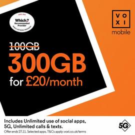 VOXI 300GB 30 Day Pay As You Go SIM Card -1st month included