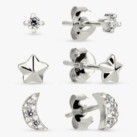 Revere Sterling Silver Moon and Star Stud Earrings- Set of 3