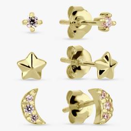 Revere Gold Plated Silver Moon & Star Stud Earrings-Set of 3