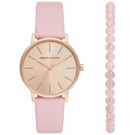 Armani Exchange Pink Leather Strap Watch and Bracelet Set