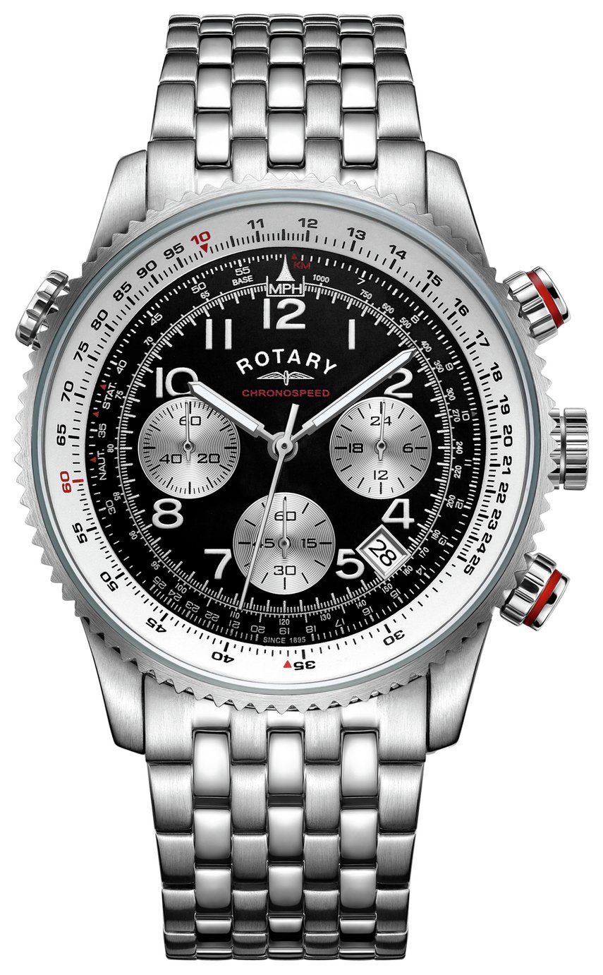 rotary men's stainless steel pilot style mesh bracelet watch