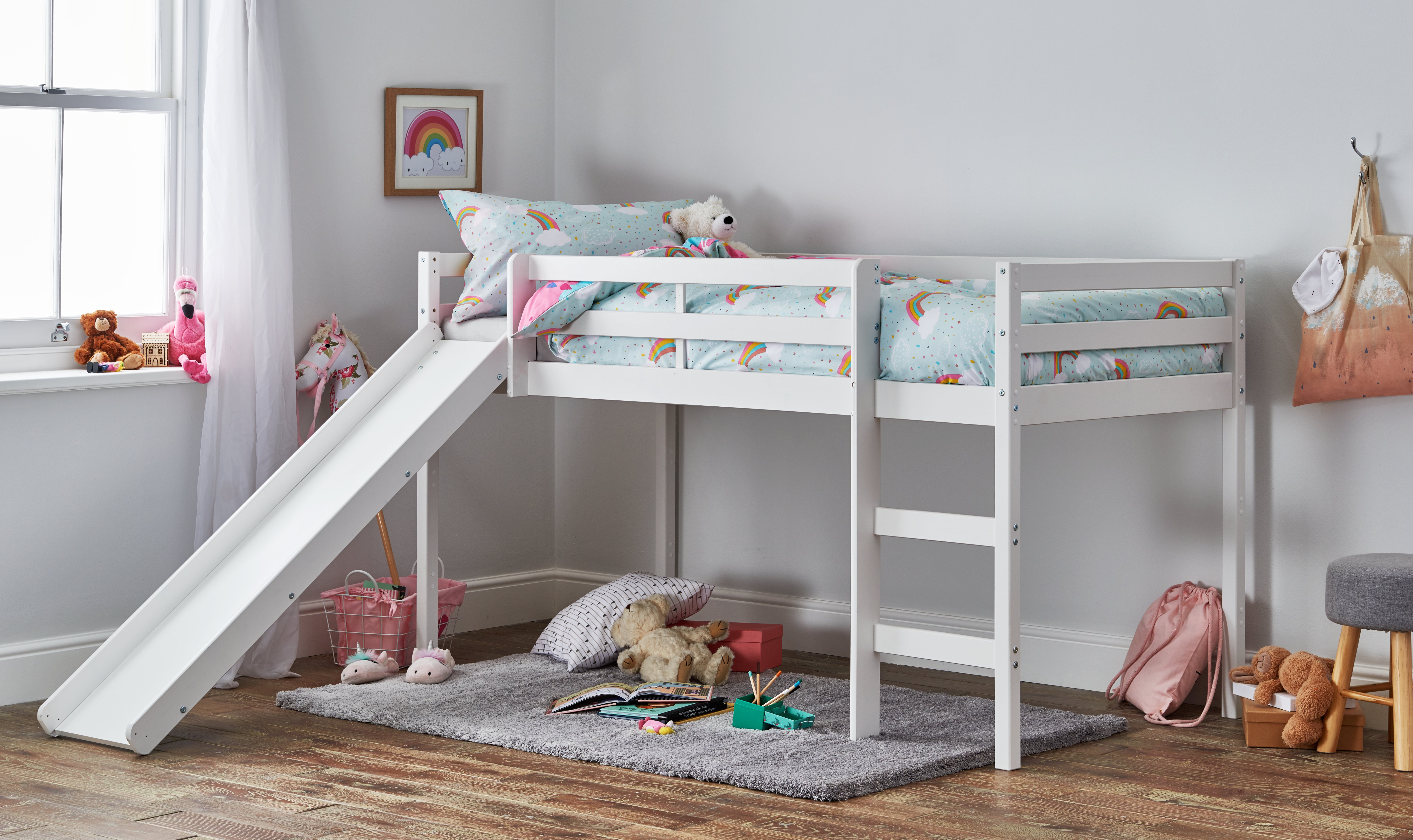 bunk bed with slide and desk