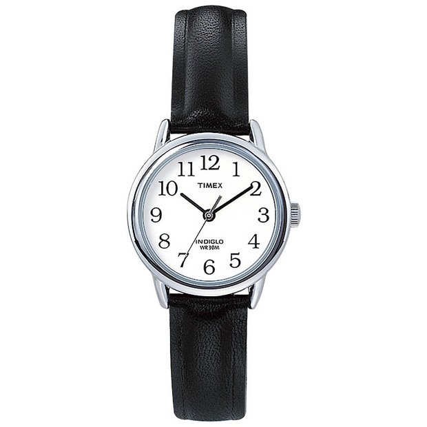 Buy Timex Ladies Silver Colour Bezel Black Leather Strap Watch